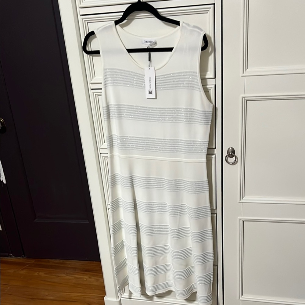 Calvin Klein White and Gray Striped Dress